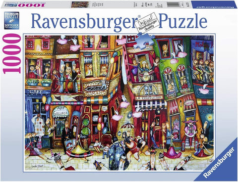 Dėlionė Ravensburger 1000 dalių, spalvinga miesto gatvės iliustracija ant dėžutės su daugybe detalių
