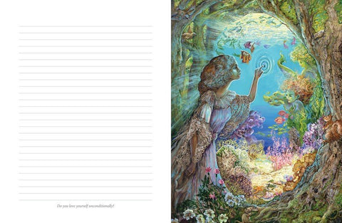 Sąsiuvinis su ryškia pasakine jūros scena ant viršelio ir linijuotu vidumi, įkvėpiantis asmeniniams užrašams