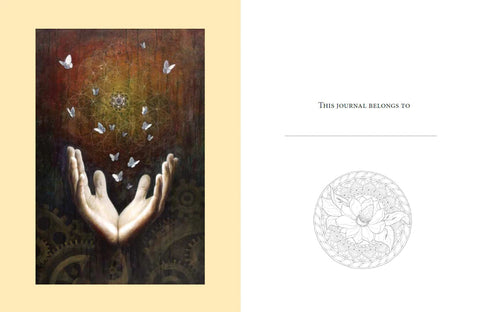 Sąsiuvinis atverstas: kairėje tamsi meninė delnų ir drugelių iliustracija, dešinėje „This journal belongs to“ savininko puslapis