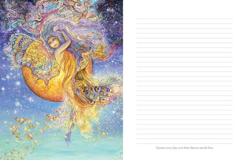 Sąsiuvinis su spalvotu mėnulio ir fėjos iliustruotu viršeliu kairėje ir linijinėmis puslapiais dešinėje