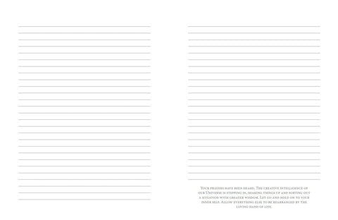 rašymo bloknotas, atverstas dviejų puslapių linijuotas vidus su plonomis pilkomis linijomis ir įkvepiančiu tekstu apatiniame dešiniajame kampe