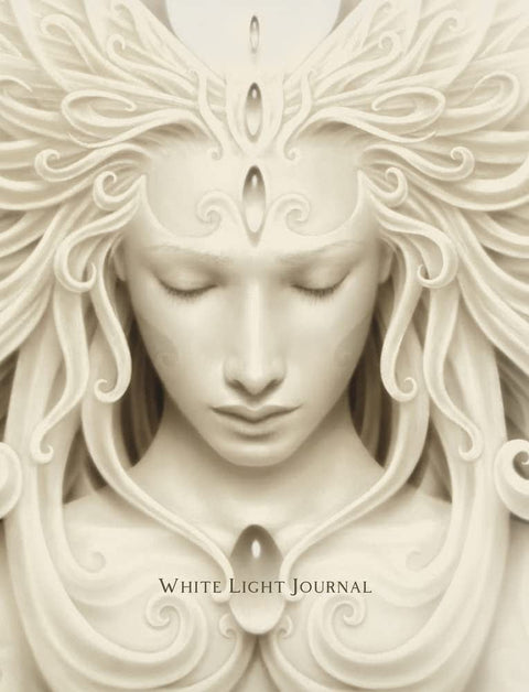 Sąsiuvinis White Light Journal su kremine skulptūrine fronto iliustracija: užrašų knygos elegantiškas dangtelis