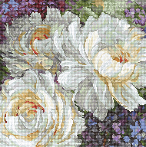 Siuvinėjimo rinkinys baltos bijūnų gėlės didelis kvadratinis paveikslas 40×40 cm, detali mozaikinė schema ir siūlai