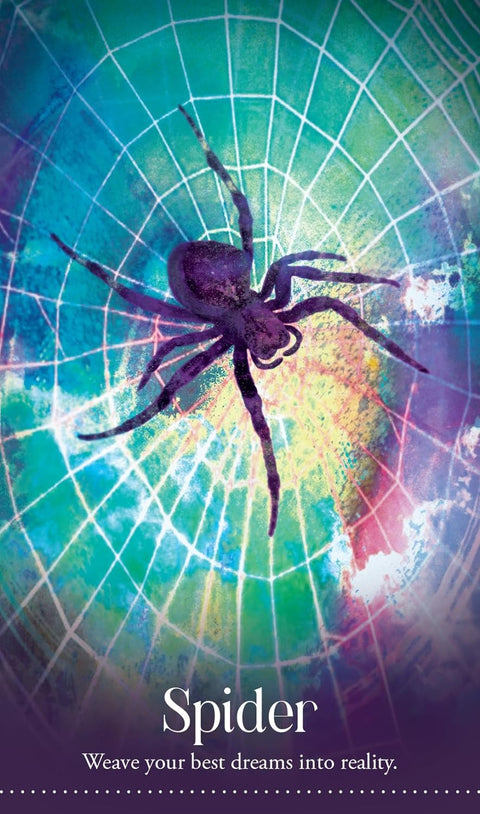 tarot korta Spider su violetiniu voru centre ant žalsvai‑mėlyno tinklelio, ryški iliustracija pabrėžia sapnų audimo temą
