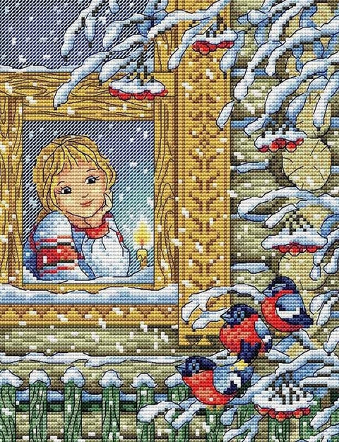 Siuvinėjimo rinkinys: žiemos scena – mergaitė prie lango su žvake ir raudonais paukščiais, artimas detalių kadras
