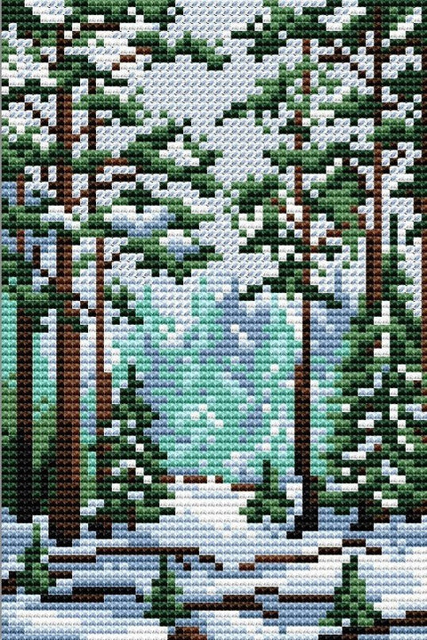 Deimantinė mozaika žiemos miško peizažas su snieguotomis pušimis, žalia‑mėlyna paletė, vertikalus 30×40 cm variantas