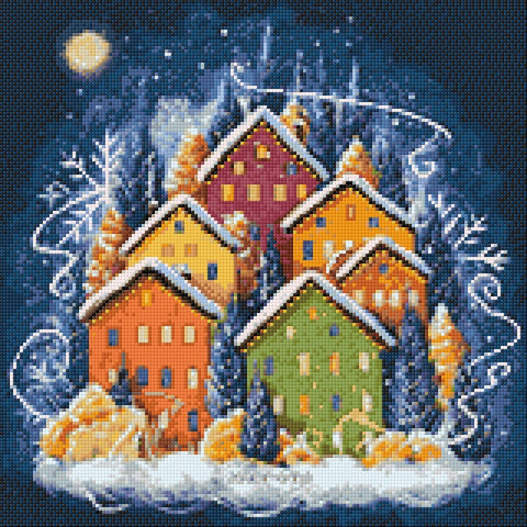 Deimantinė mozaika – žiemos kaimas su spalvotais snieguotais nameliais, baigtas pavyzdys 30×30 cm rinkiniui