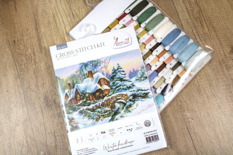 Kryželių rinkinys Luca‑S „Winter Landscape“ su pilnu spalvotų siūlų komplektu, matmenų etiketėmis ir sandaria pakuote