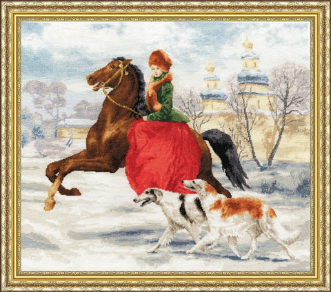 Siuvinėtas paveikslas (rėminis) – žieminė scena: moteris raudona suknele ant žirgo, bėgantys borzoi ir išraiškingas auksinis rėmas