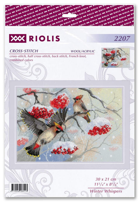 Siuvinėjimo rinkinys Riolis 30×21 cm vilna/akrilas – žieminė kompozicija su paukščiais ir putino uogomis ant pakuotės priekinio skyriaus