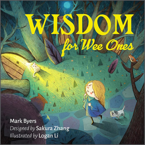 Knyga "Wisdom for Wee Ones" – spalvotas viršelis su geltonu pavadinimu, mergaitė ir katinas naktiniame miške