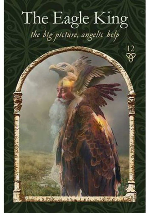 Kortų rinkinys The Eagle King viršelis: tamsiai žalias ornamentuotas rėmas ir senolio su erelio sparnais mistinis piešinys, pažymėtas skaičiumi 12