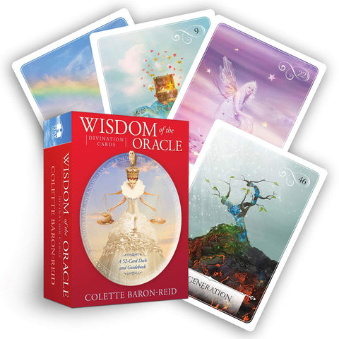 Orakulo kortos Wisdom of the Oracle, raudona dėžutė su autorės Colette Baron‑Reid vardu ir keli atversti iliustruoti kortų variantai