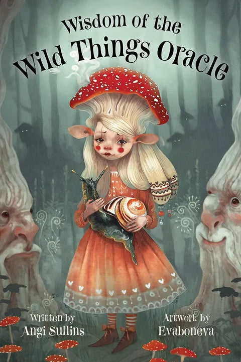 Oracle kortos "Wisdom of the Wild Things" – Angi Sullins viršelis: mergaitė su raudona grybų kepure ir sraige, iliustracija Evaboneva