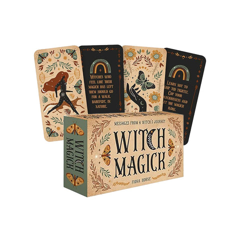 Kortų rinkinys Witch Magick smėlio ir juodos spalvos dėžutė su keturiomis atverstomis kortomis, iliustracijomis ir patarimų žinutėmis