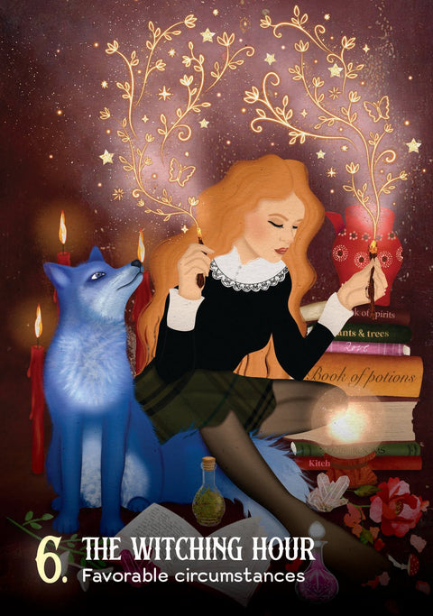 tarot korta The Witching Hour 6: mergina su degančiais smilkalais ir mėlynu vilku, mistinis iliustracinis dizainas