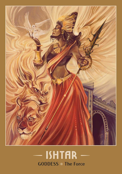 tarot korta Ishtar: šiltų aukso ir raudonos tonų iliustracija su dievės figūra, ietimi, liūto siluetu ir balandžiais, printas 30×45 cm