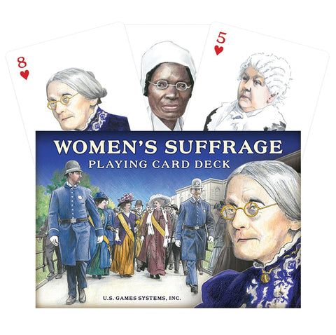 Kortų kaladė Women's Suffrage su iliustruota dėžute, vaizduojančia moterų rinkimų teisių eiseną ir kelių aktyvisčių portretus (U.S. Games Systems)