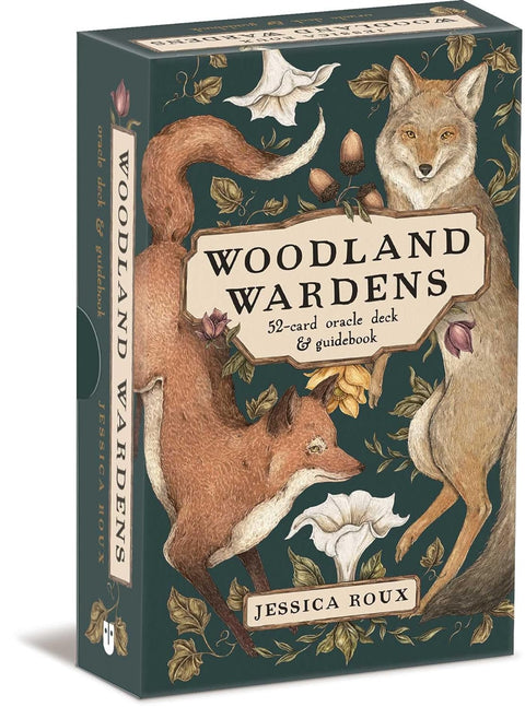Orakulo kortos Woodland Wardens, Jessica Roux, tamsiai žalia dėžutė su lapės iliustracija ir gėlėmis
