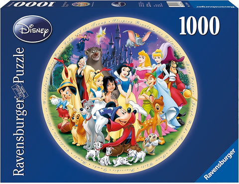 Disney dėlionė 1000 det., Ravensburger mėlyname dėkle, apvalus pasakiškų Disney veikėjų motyvas ant pakuotės priekinės dalies