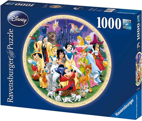 Galvosūkis Ravensburger 1000 detalių Disney apvalus, dėžutės priekinėje dalyje išryškintas personažų ratas