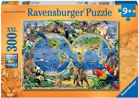 Dėlionė Ravensburger XXL 300 det., spalvotas pasaulio žemėlapis su gyvūnų iliustracijomis, dėžės priekinis planas