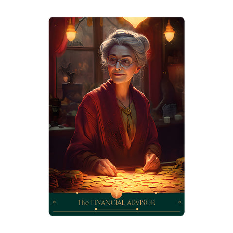 Tarot korta „Finansų patarėjas“ su auksinėmis monetomis ir raudonu apklotu, priekinis variantas