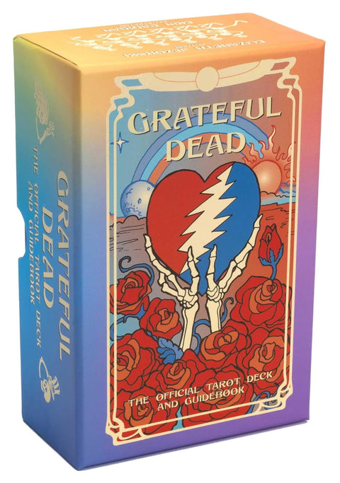 Grateful Dead tarot kortų rinkinys stilinga gradientinė dėžutė su priekinio dangtelio širdimi ir žaibu, apsupta raudonų rožių