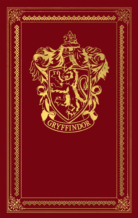 Gryffindor rankšluostis tamsiai raudonas su auksiniu herbo piešiniu centre ir dekoratyviniu auksiniu rėmeliu
