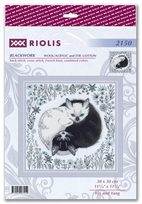 Kryželių siuvinėjimo rinkinys Riolis Yin and Yang, juodos ir baltos katės blackwork stiliumi, 30×30 cm pakuotės vaizdas