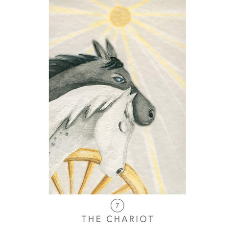 Tarot korta The Chariot — juodas ir baltas arkliai prie auksinio rato ir saulės spindulių, subtilus meninis dizainas
