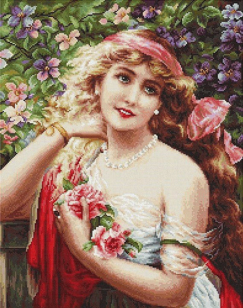 Kryželių siuvinėjimo rinkinys: detalus vintage portretas su rožėmis, 40×50 cm, ryškios rausvos ir žalios spalvos