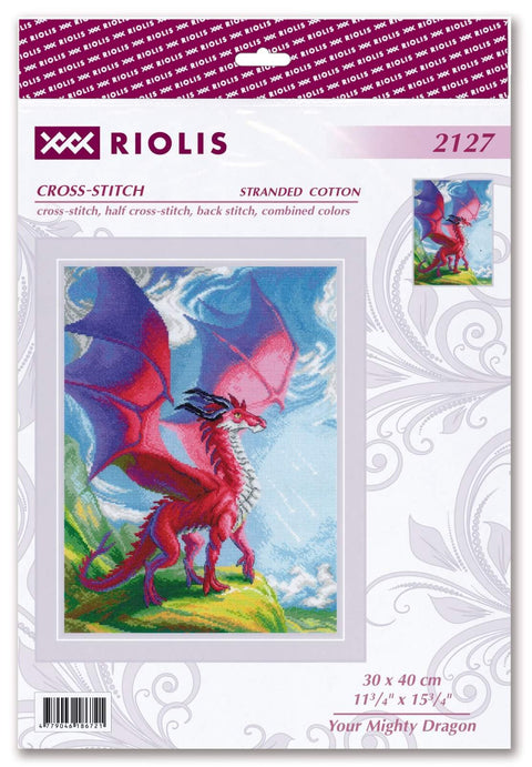Kryželių rinkinys Riolis — raudonas drakonas stovint ant uolos, 30×40 cm motyvas pakuotės priekyje