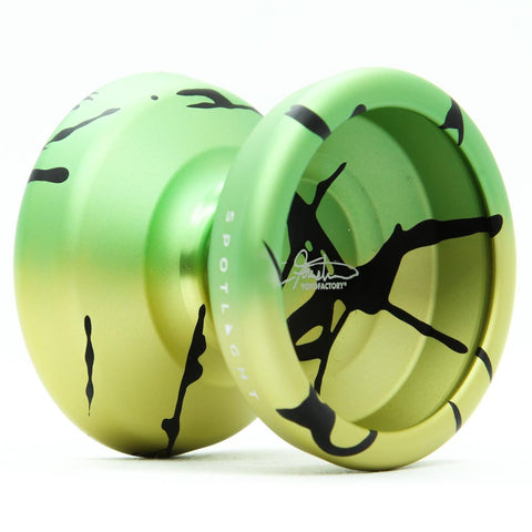 YoYoFactory Spotlight Ultra aliuminis yoyo – nereaguojantis, pažengusiems, Hunter Feuerstein parašas – geltona/žalia/juoda
