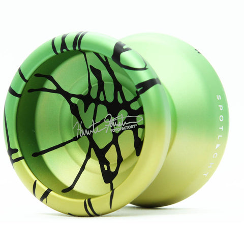 YoYoFactory Spotlight Ultra aliuminis yoyo – nereaguojantis, pažengusiems, Hunter Feuerstein parašas – geltona/žalia/juoda