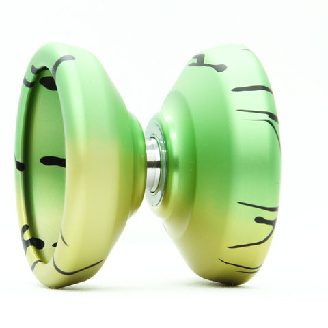 YoYoFactory Spotlight Ultra aliuminis yoyo – nereaguojantis, pažengusiems, Hunter Feuerstein parašas – geltona/žalia/juoda