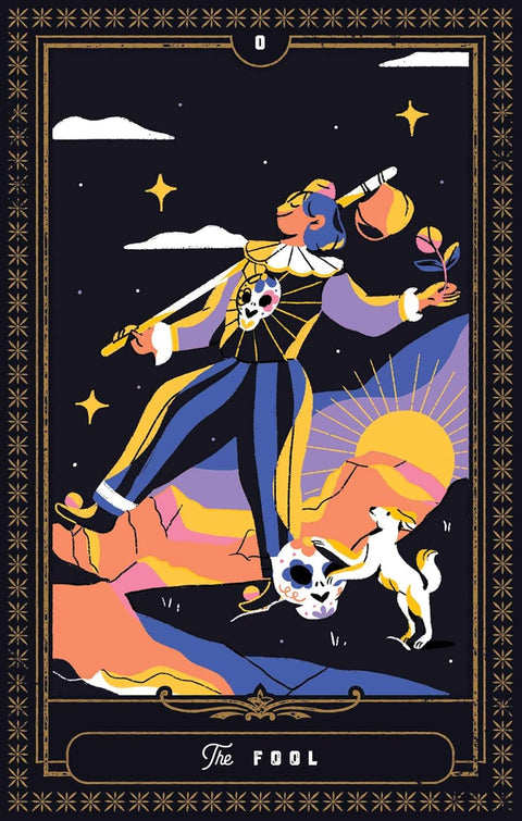Tarot korta Kvailys – ryški priekinė iliustracija su geltonais, violetiniais ir mėlynais akcentais, vertikalus lentelių variantas