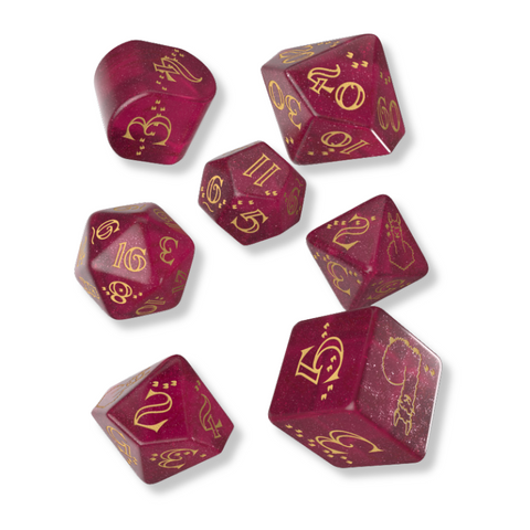 Lamos RPG kauliukų rinkinys: 7 vnt, avietiniai blizgūs, auksiniai skaičiai