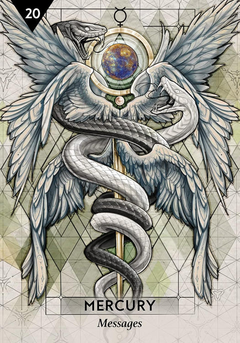 tarot korta Merkurijus su baltai–juodomis susipynusiomis gyvatėmis ir sparnuota auksine lazdą, subtili pilka‑mėlyna iliustracija, vertikalus variantas, pabrėžia žinutės temą