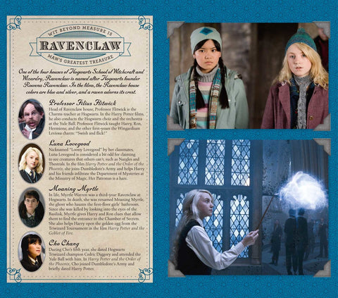 Ravenclaw plakatas su mėlynu ornamentuotu rėmu, pristatantis namų aprašymą, herbo informaciją ir tris skirtingas filmo scenų iliustracijas