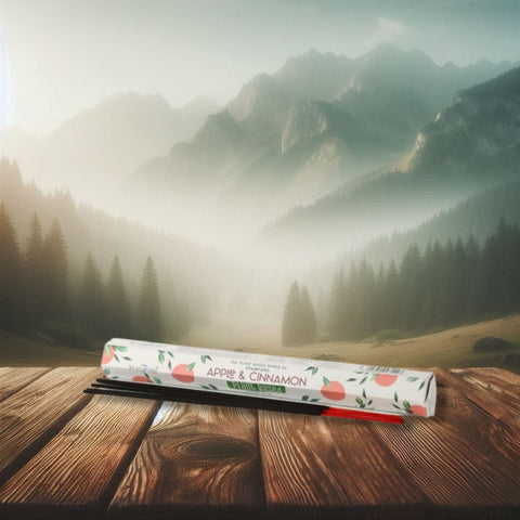 Kvapniosios lazdelės Apple & Cinnamon ant medinio stalo su ramiu kalnų peizažu fone, matomas pakuotės dizainas ir kelios lazdelės