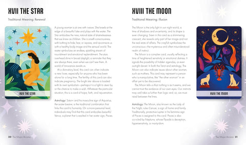 Tarot kortelė atverstoje knygoje: "Žvaigždė" (mėtinė) ir "Mėnulis" (tamsiai mėlyna) kortos su paaiškinančiu tekstu