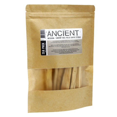 Palo santo lazdelės pakuotėje Ancient, 25 g kraftinis maišelis su permatomu langeliu, matomi natūralūs mediniai pagaliukai