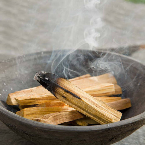 palo santo lazdelės, deganti juodu galu su kylančiu dūmu, pateiktos ant tamsaus keramikinio indo