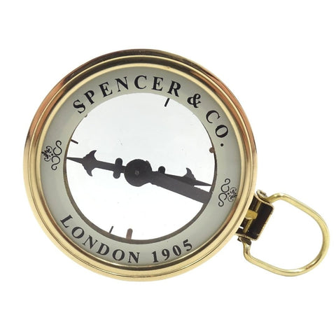 Kišeninis kompasas Spencer & Co., žalvarinis korpusas su kilpa ir priekyje įspaustu London 1905, centre adatos siluetas