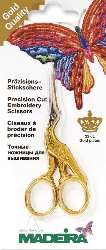 Siuvinėjimo žirklės Madeira, 22 ct auksu dengtos, auksinės spalvos, pristatomos pakuotėje su dekoratyviniu drugeliu