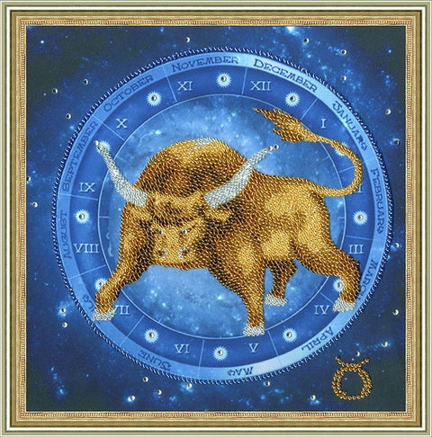 Zodiako Jautis paveikslas su auksiniu buliumi mėlyname rate, kvadratinis formatas, pilnas vaizdas – Jaučio variantas.