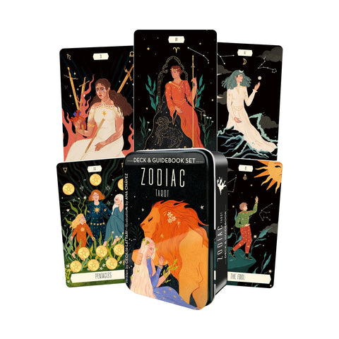 Zodiac Tarot metalinė dėžutė su liūto piešiniu ir penkiomis astrologinėmis kortomis ant juodo fono, unikalios iliustracijos