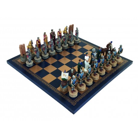 TROY BATTLE: Handpainted Chess Set with Leatherlike Chess Board