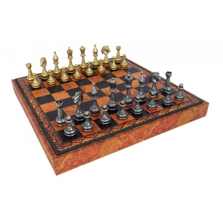 Metaliniai šachmatai su odos imitacijos lenta/dėže + ŠAŠKIŲ komplektas